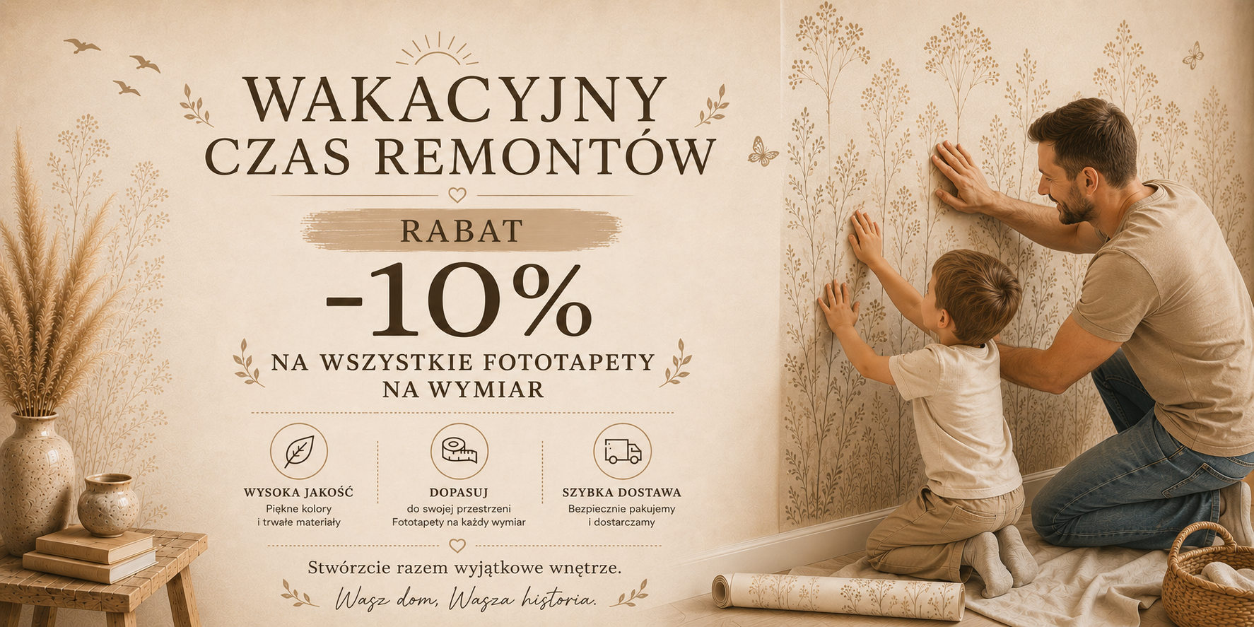 Promocja na fototapety – Wakacyjny Czas remontów 10%. Rodzinny montaż fototapety na ścianie.
