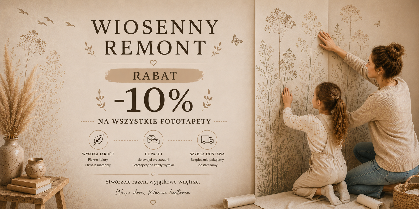 Promocja na fototapety – wiosenny remont z rabatem 10%. Rodzinny montaż fototapety na ścianie.